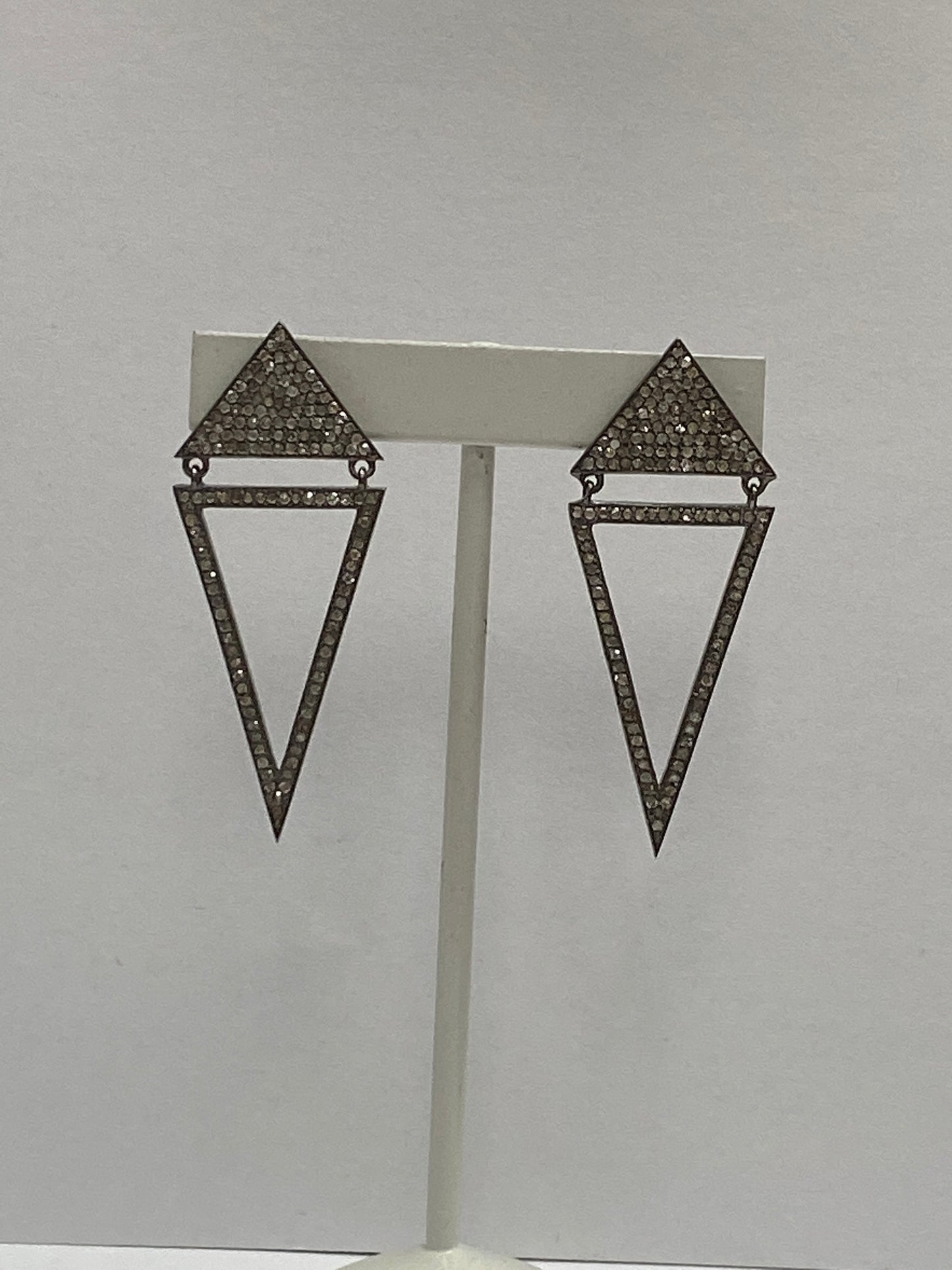 Diamond Art Deco Triangular Diamond Earring, Pave Diamond Earring,Pave Art Deco Earring, Approx 60 x 17mm. Sterling Silver