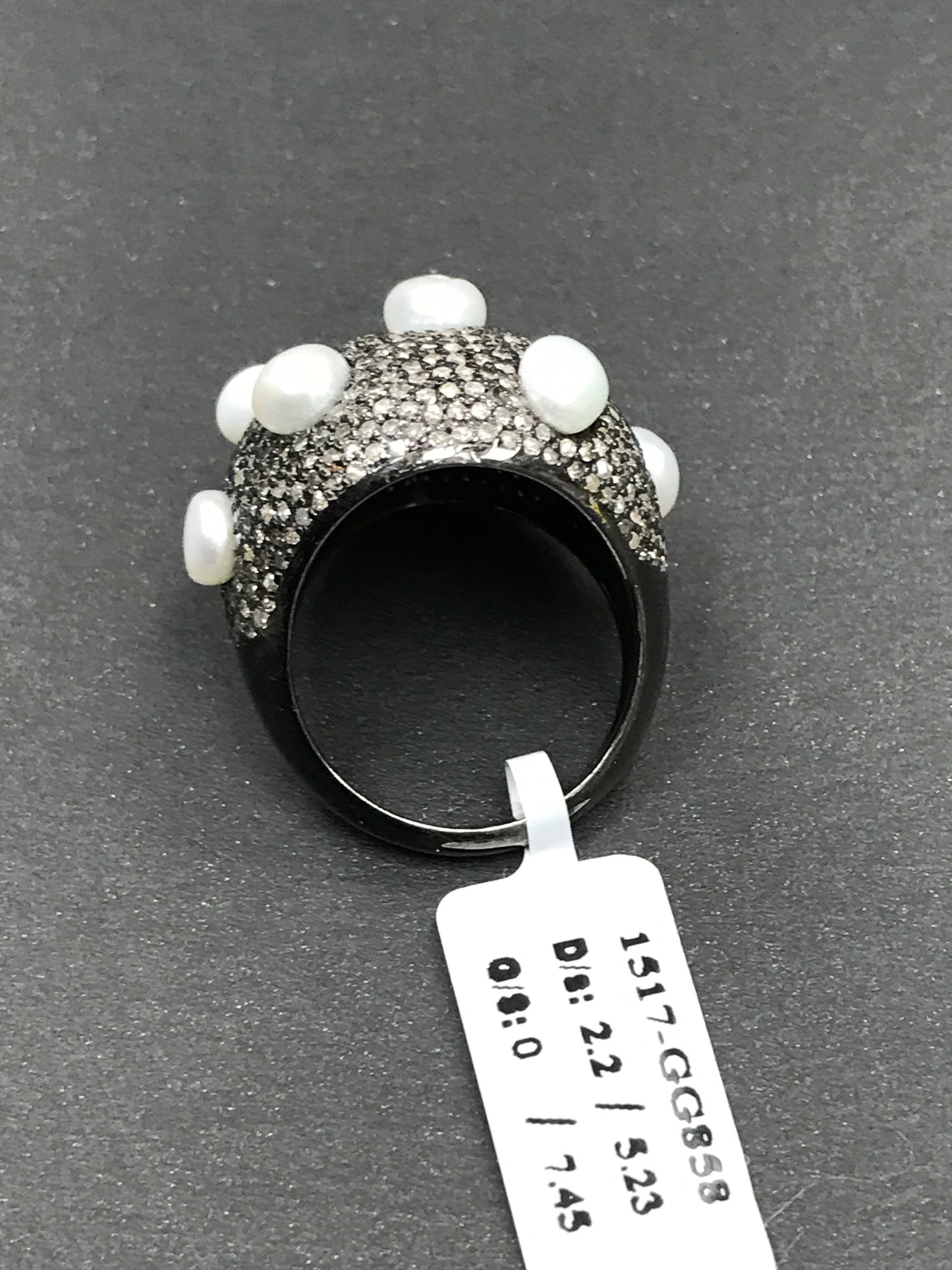 Diamond Dome Diamond Ring with Pearls, Pave Diamond Ring, Pave Dome Ring with Pearls, Approx 19 x 24mm. Sterling Silver