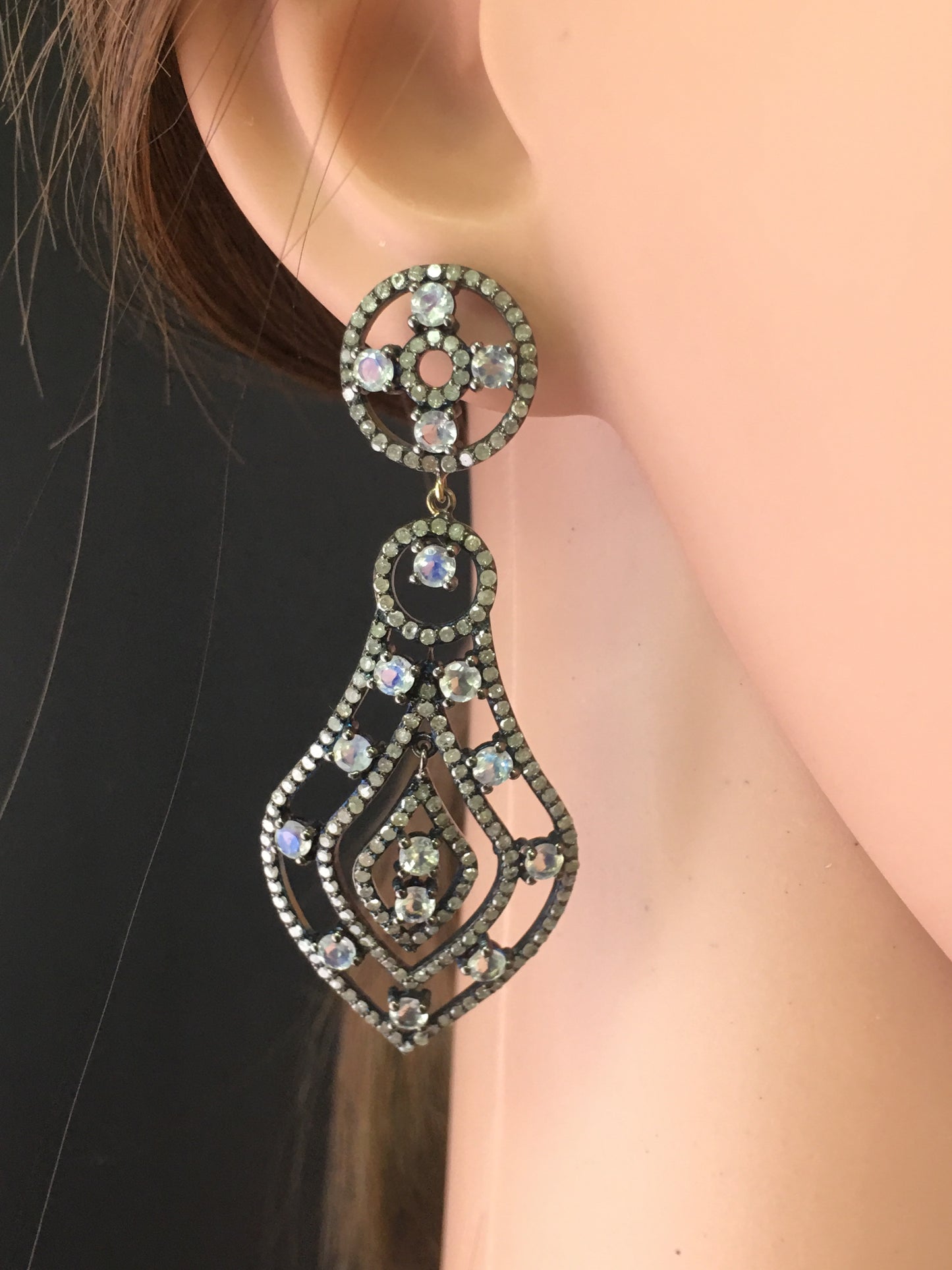 Diamond and Silver White Rainbow Moon Stone Black Rhodium Finish Earrings