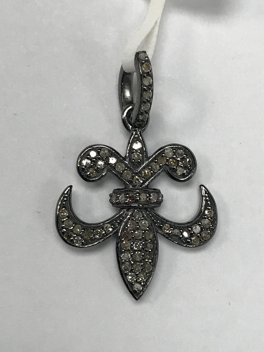 Fleur Di Lis Diamond Charm .925 Oxidized Sterling Silver Diamond Charms, Genuine handmade pave diamond Charm Size 18 x 22 MM