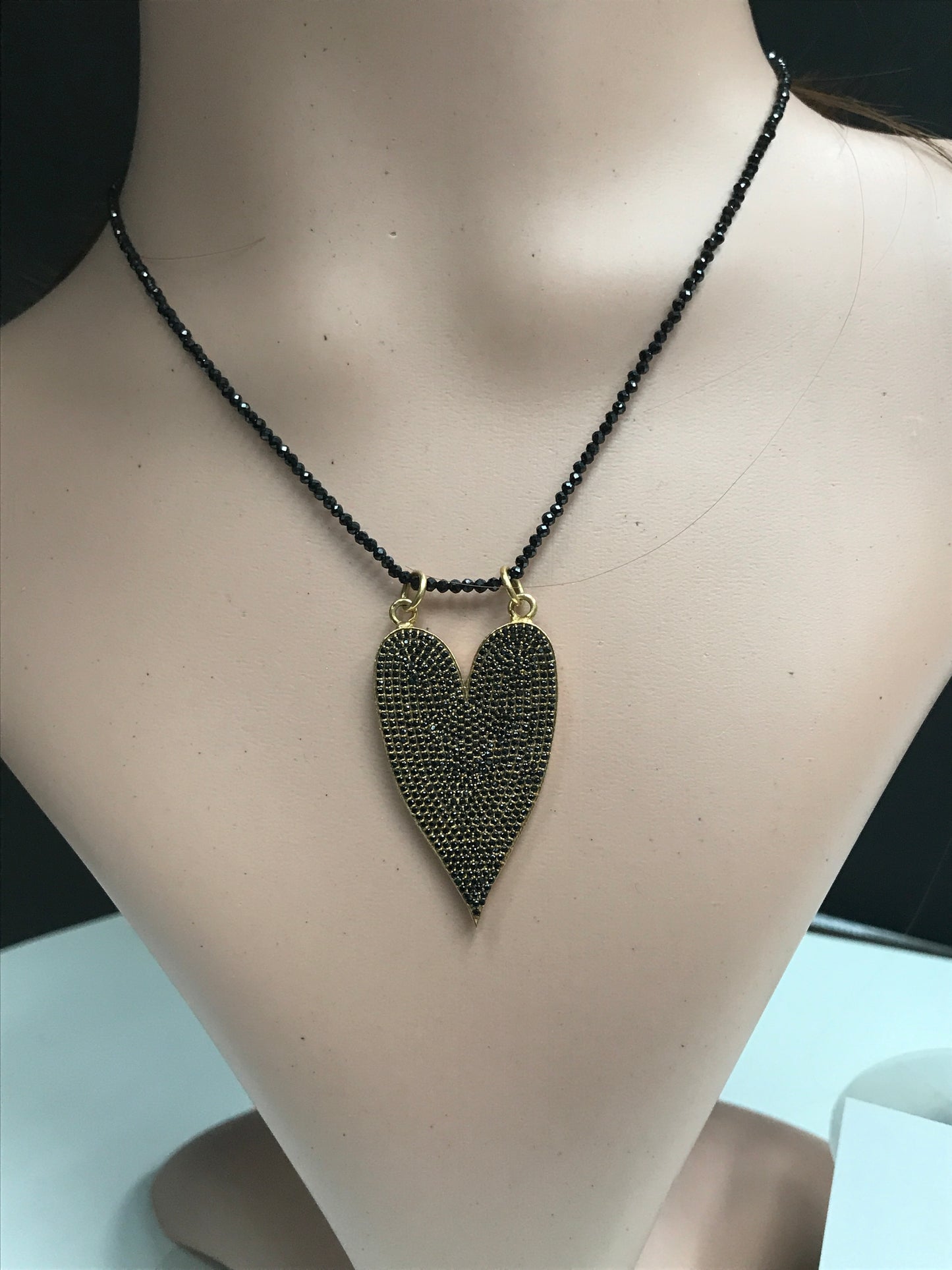 Heart Shape Black Spinal Charm, Pave Black Spinal ,Approx 1.40''( 40 x 25 mm) Oxidized Sterling Silver, Sterling Silver ,Black Spinel