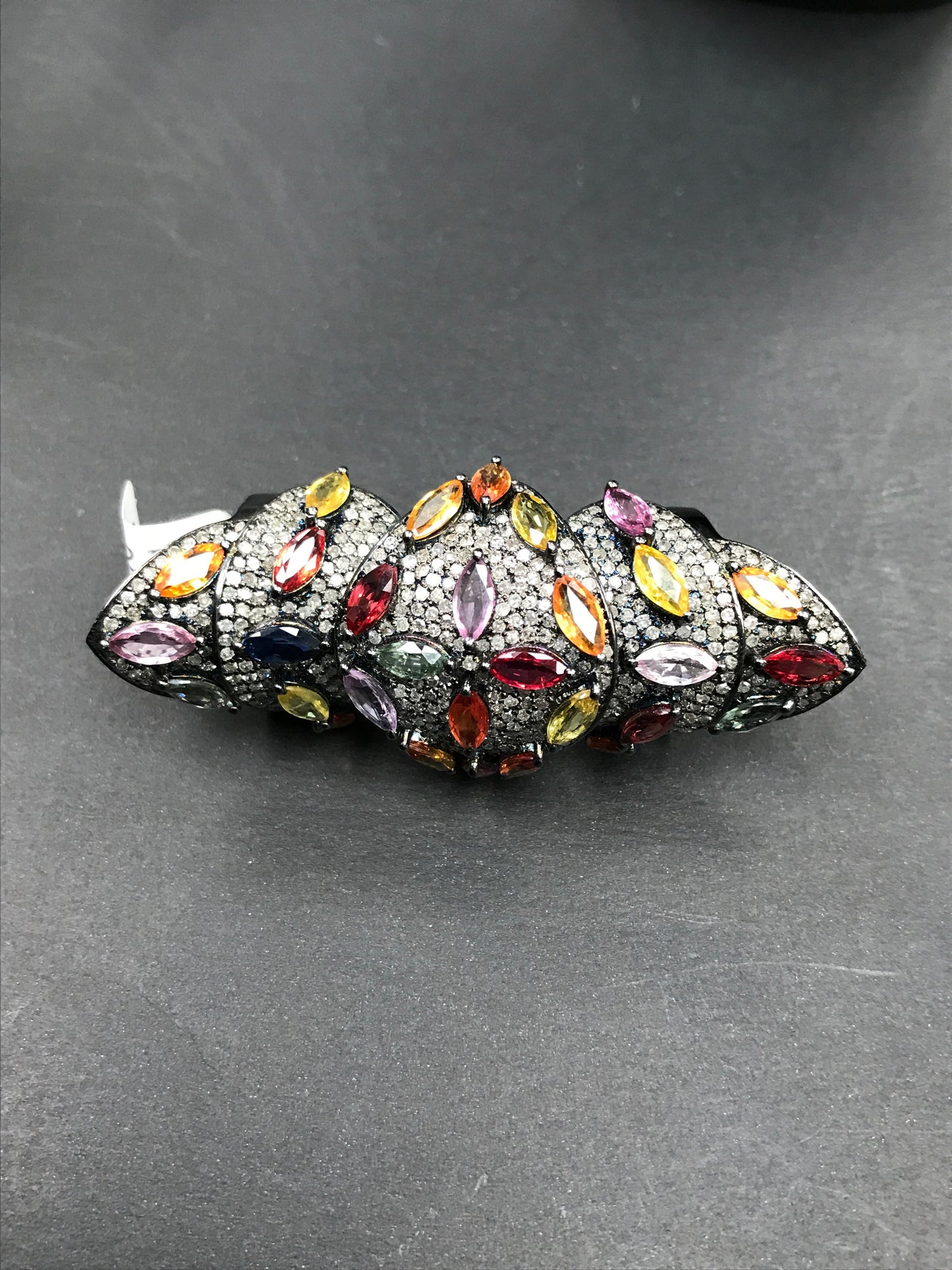 Diamond and Silver Multi Sapphire Stone Black Rhodium Finish Ring