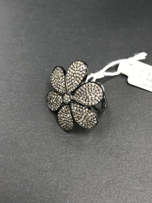 Diamond Flower Diamond Ring, Pave Diamond Ring, Pave Flower Ring, Approx 29 x 29mm. Sterling Silver