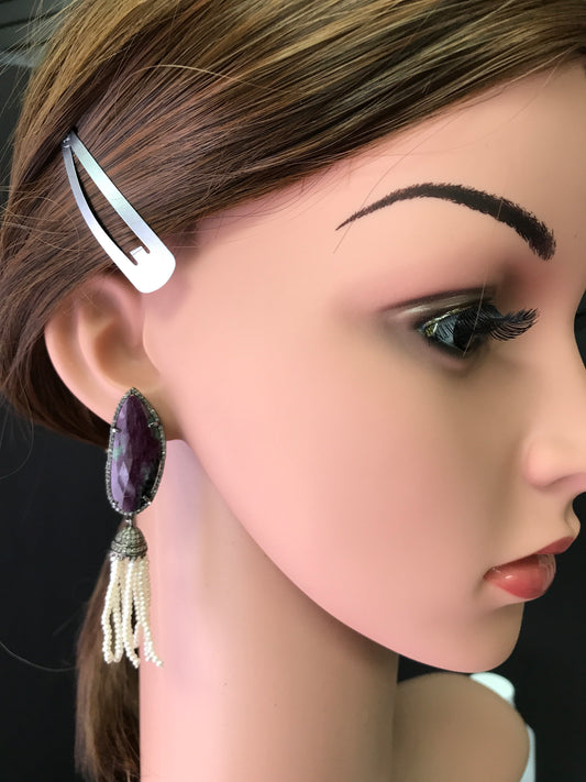 Natural Ruby zosite and Diamond Stud Earrings