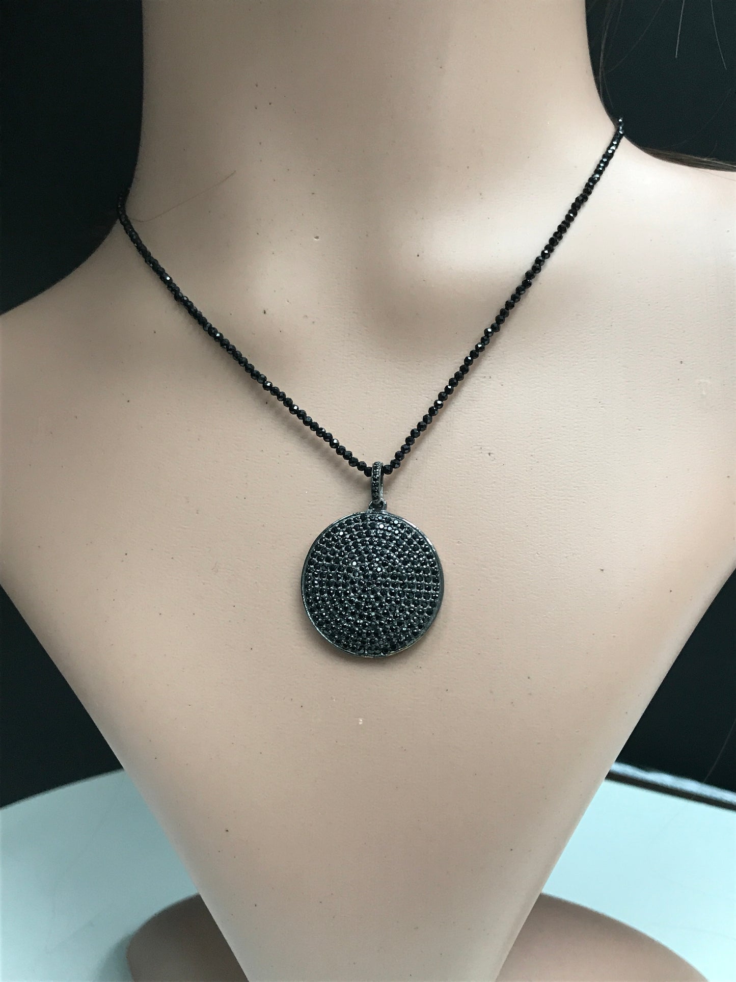 Round Black Spinal Charm, Pave Black Spinal ,Approx 1.04''( 26 mm) Oxidized ,Black Spinel