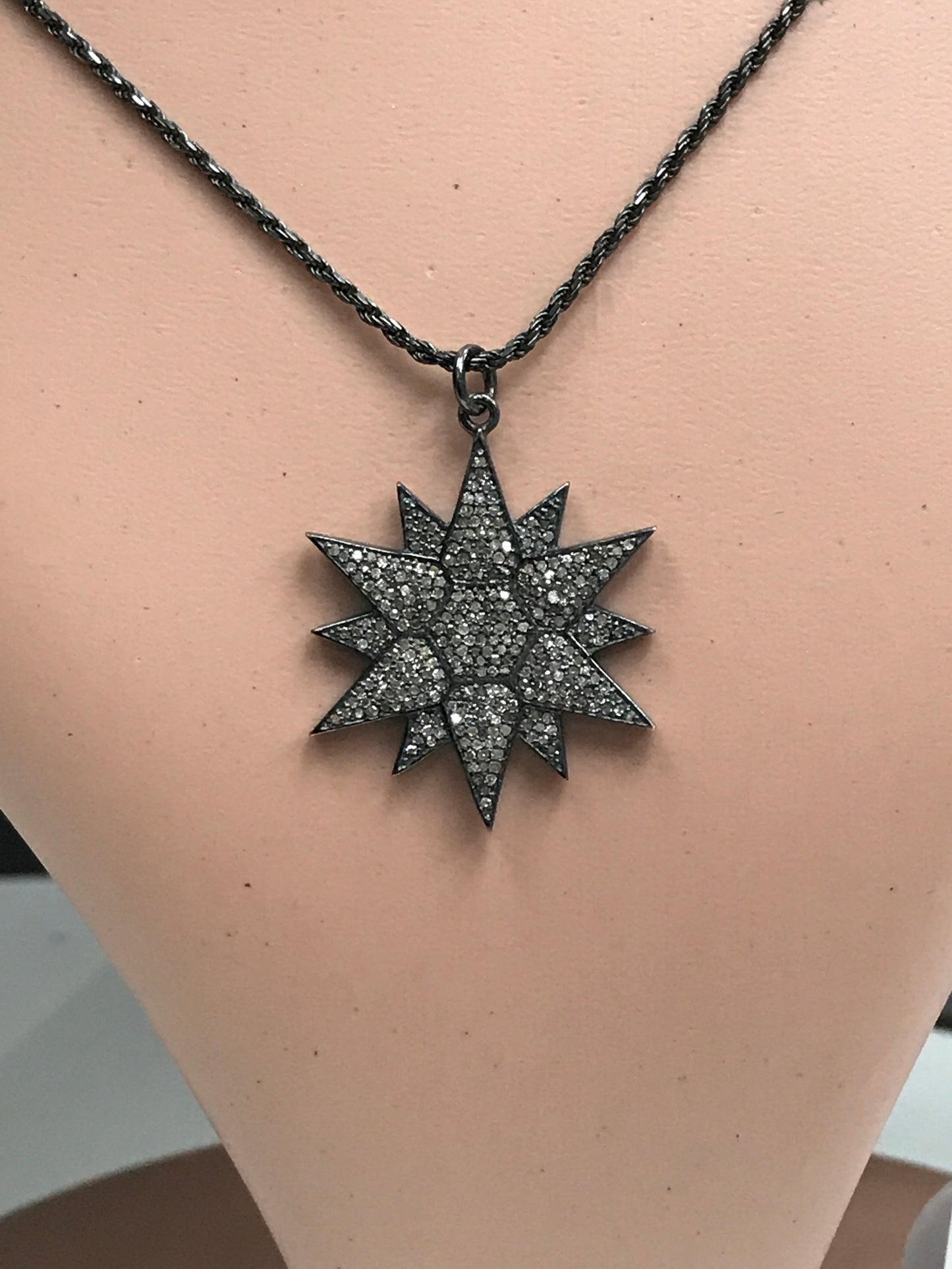 Star shape Pave Diamond Pendants .925 Oxidized Sterling Silver Diamond Pendants, Genuine handmade pave diamond Pendants Size 27 x 30 mm