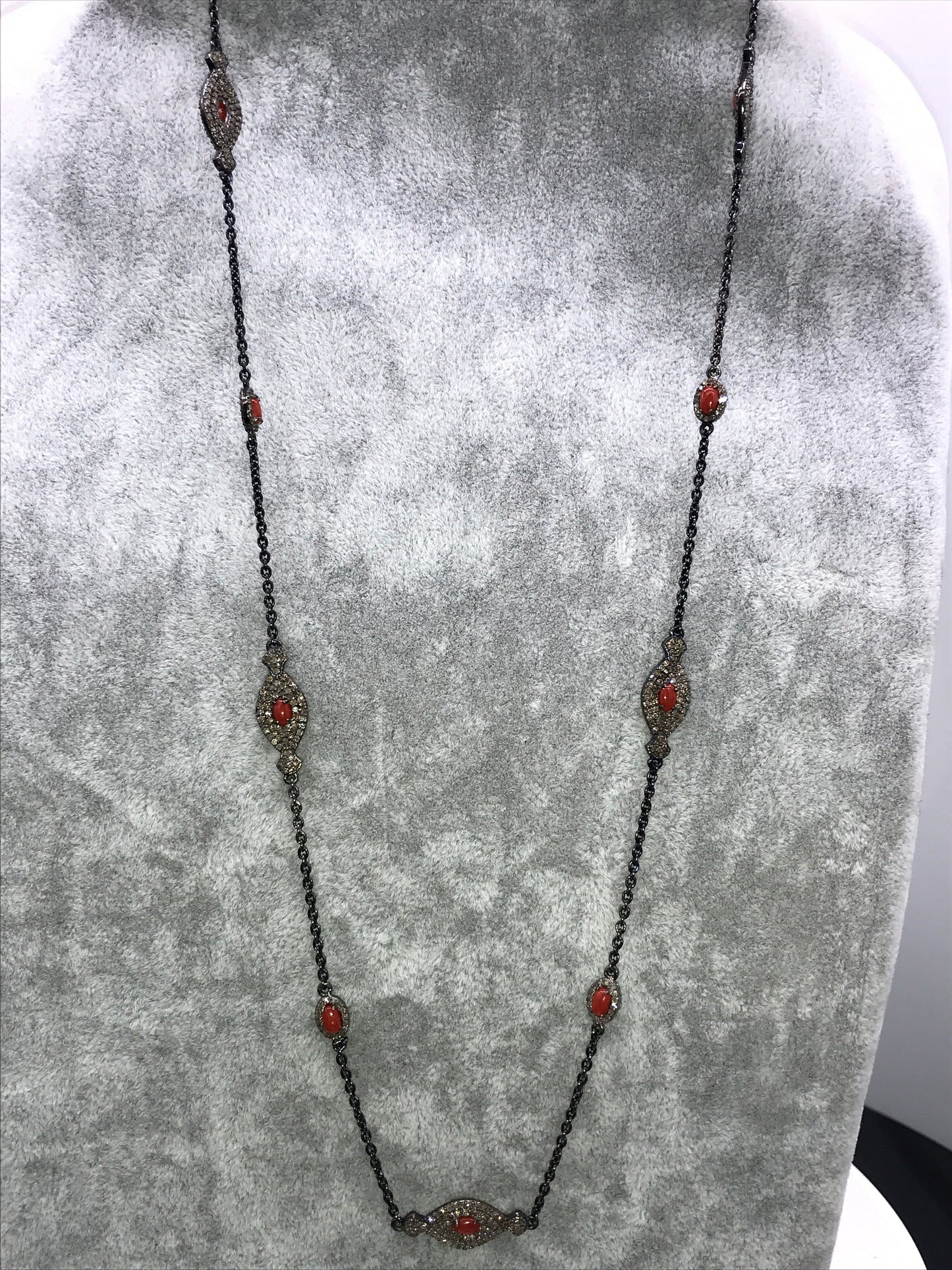 Coral and diamond silver chain necklace