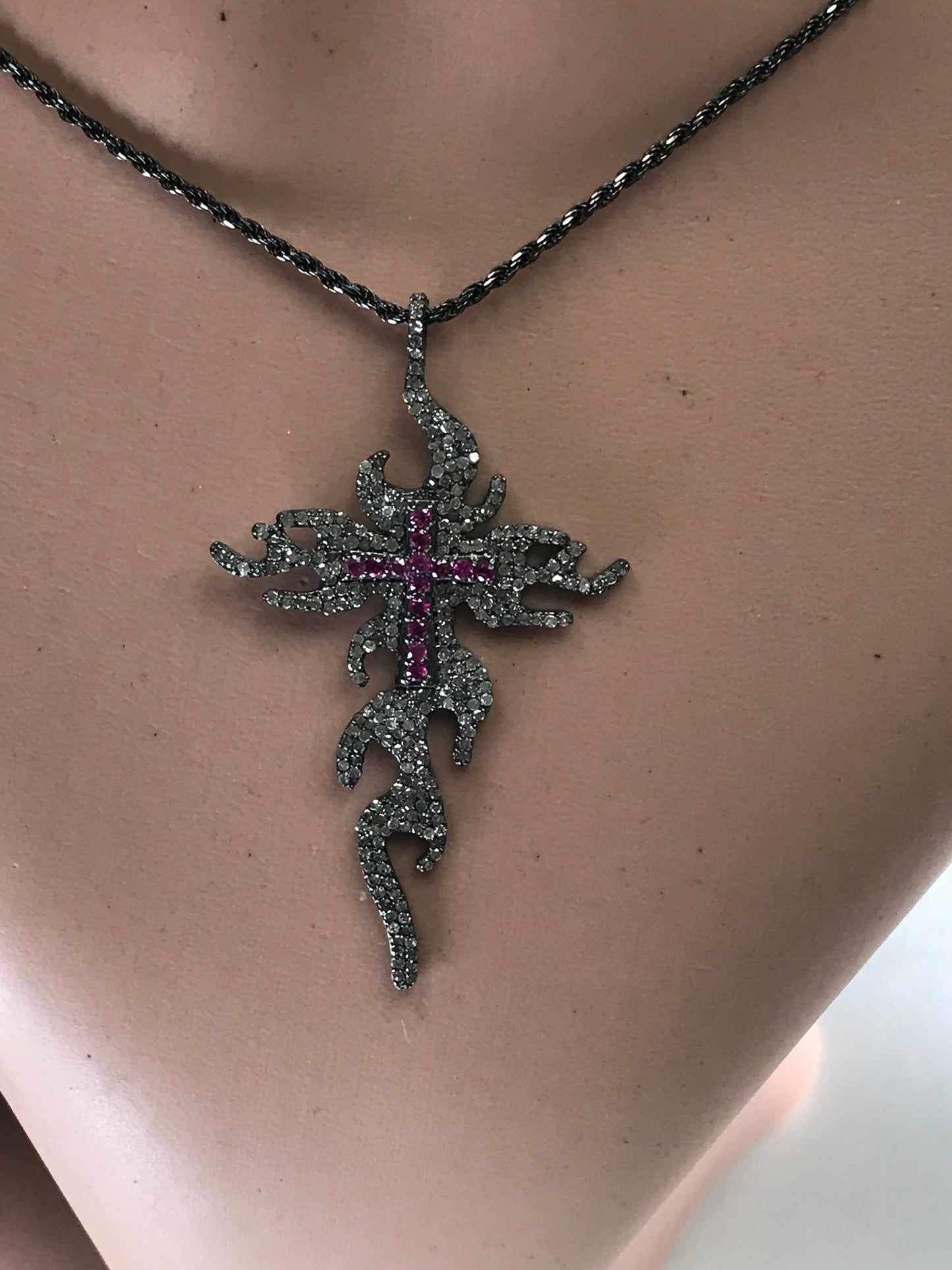 Diamond Graffiti Cross with Ruby Pendant, Pave Diamond Pendant, Graffiti Cross with Ruby Necklace, Approx 61 x 35mm