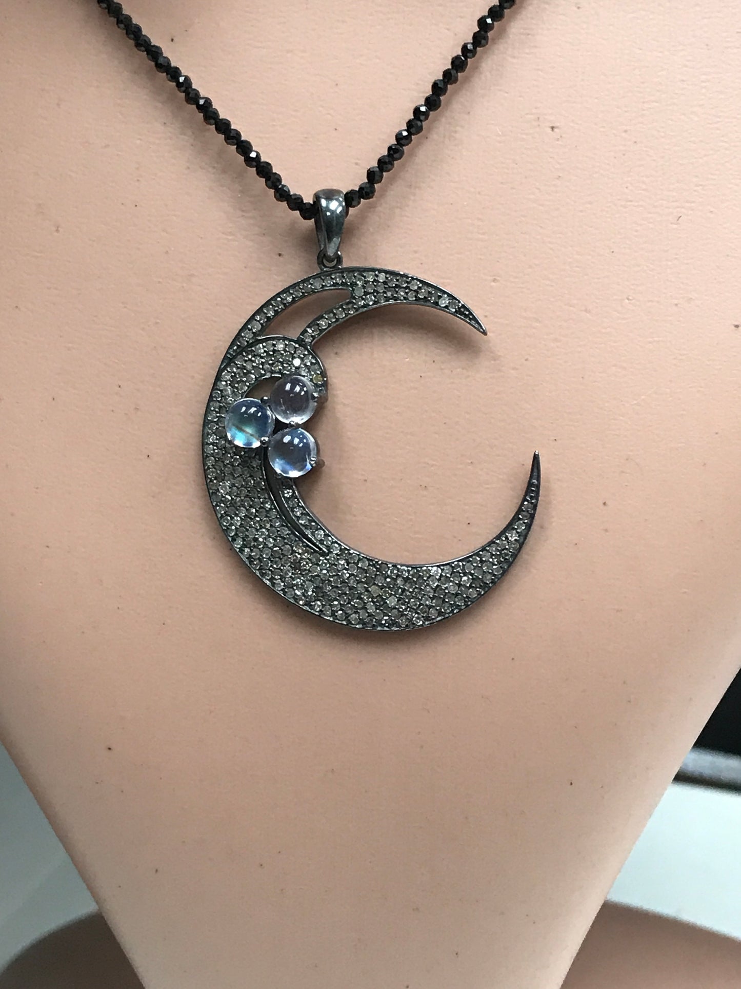 Moon Diamond Charm .925 Oxidized Sterling Silver Diamond Charms, Genuine handmade pave diamond Charm Size Approx 1.60"(40 x 35 MM)