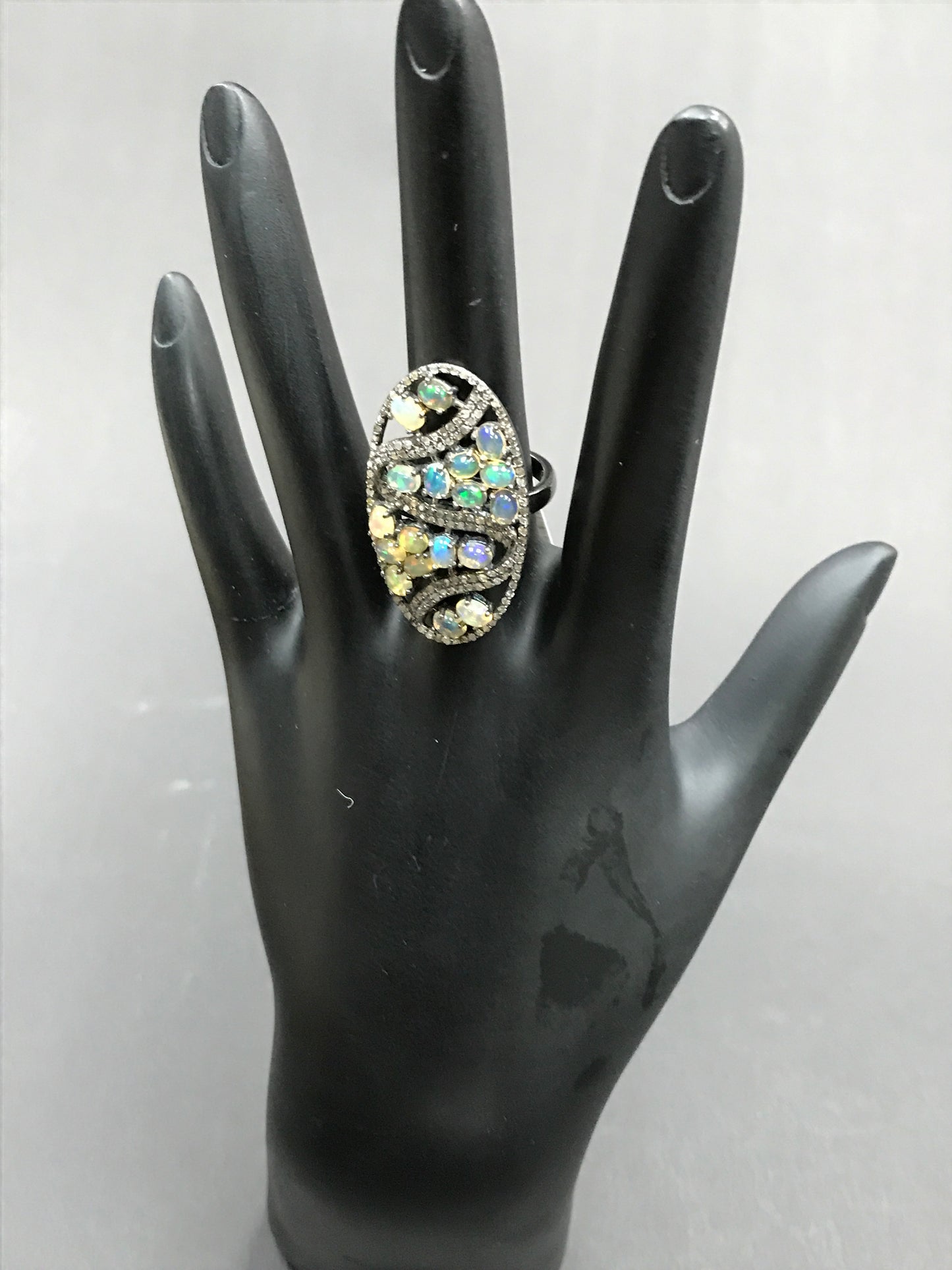 Oval Designer Diamond And Ethopian Opal Ring,Pave Diamond Ring,Diamond Ring,Pave Ring, Statement Ring, Oxidised Silver