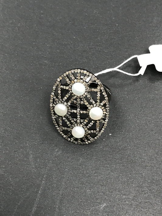 Round Pave Diamond Ring .925 Oxidized Sterling Silver Diamond Ring, Genuine handmade pave diamond Ring Size Approx 1.28"(21 x 32 MM)