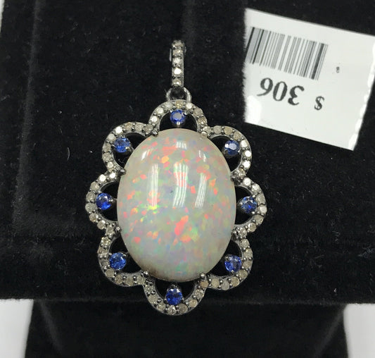 OPAL PENDANT WITH DIAMOND AND BLUE SAPPHIRE