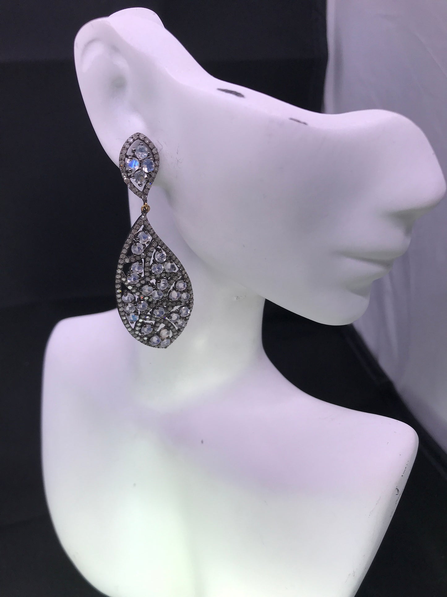 Diamond and Silver White Rainbow Moon Stone Black Rhodium Finish Earrings