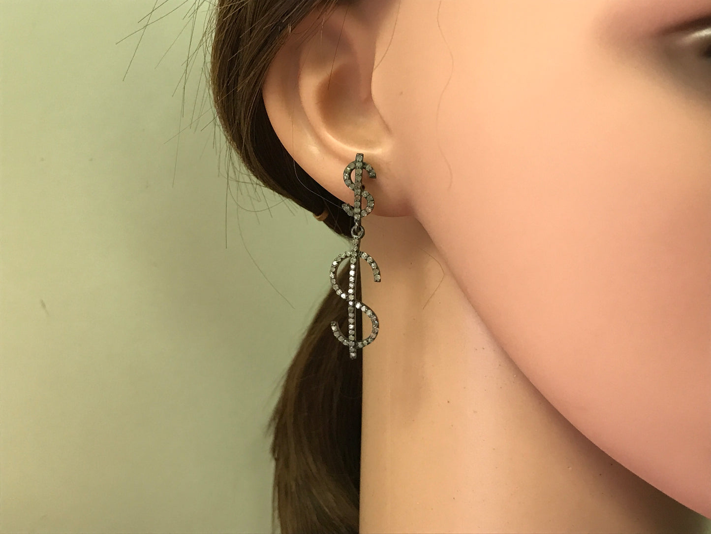 Dollar Diamond Silver Earring .925 Oxidized Sterling Silver Diamond Earring, Genuine handmade pave diamond Earring Size 1.80"(12 x 45 MM )