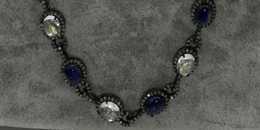 Tanzanite and Rainbow Moonstone Long Necklace with Diamonds