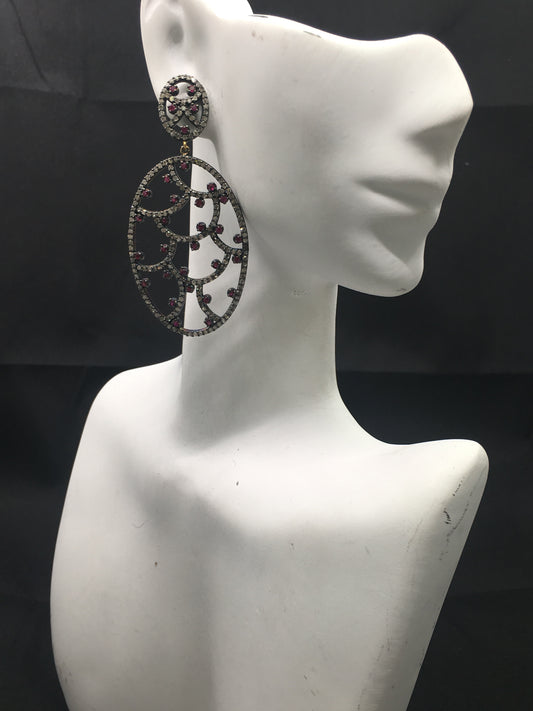 Diamond and Silver Ruby Black Rhodium Finish Earrings