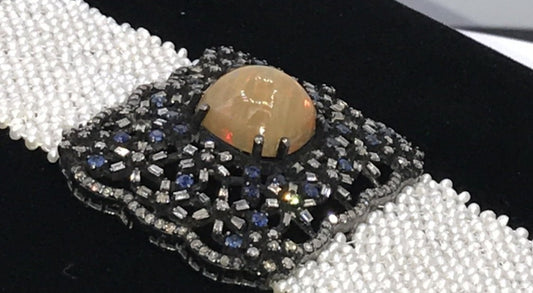 Opal and Diamond Designer Bracelet with Pearl Woven