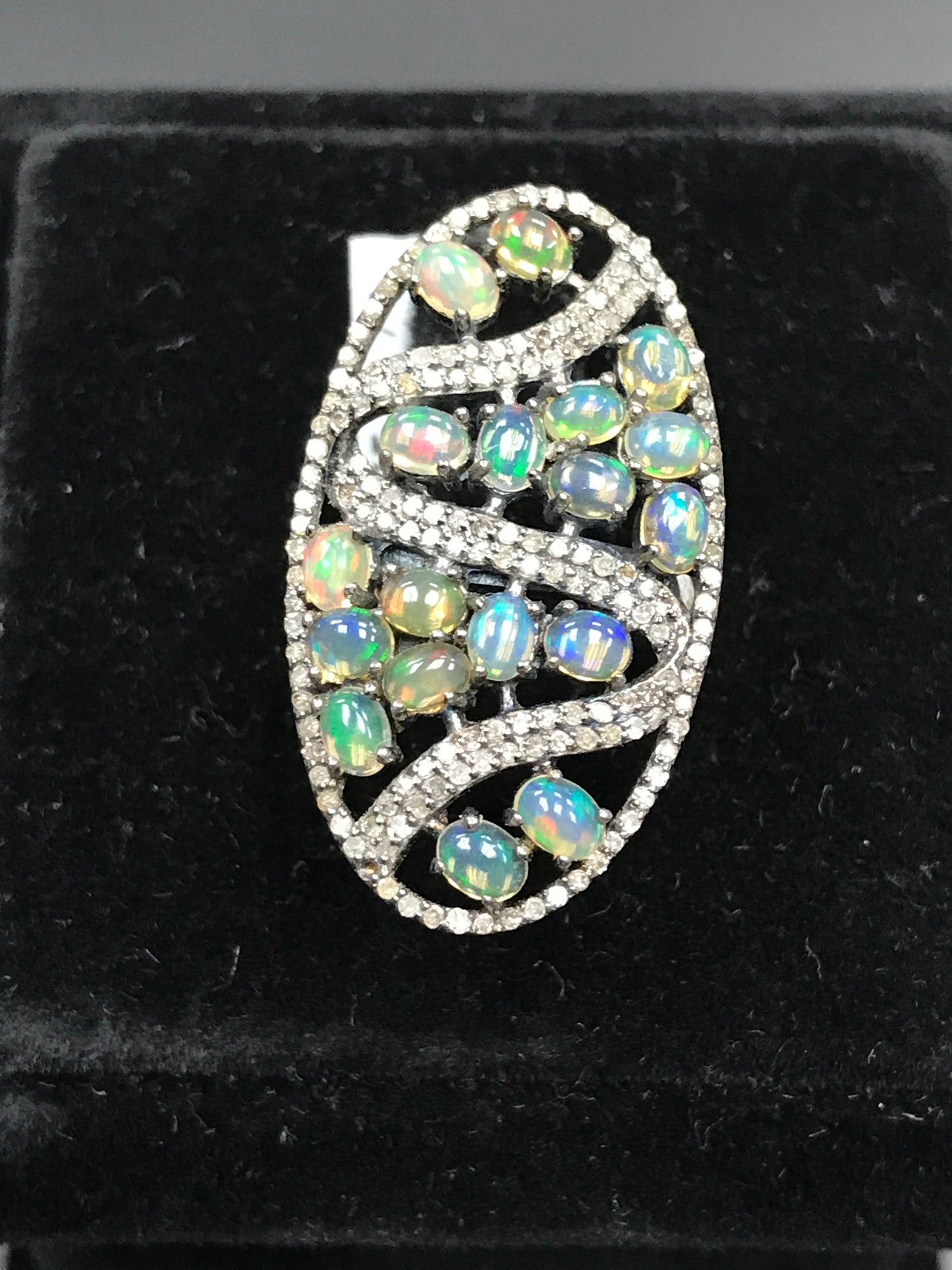 Oval Designer Diamond And Ethopian Opal Ring,Pave Diamond Ring,Diamond Ring,Pave Ring, Statement Ring, Oxidised Silver