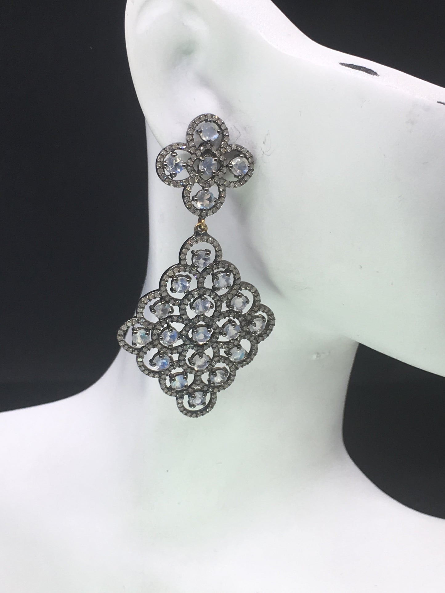 Diamond and Rainbow Moonstone Flower Earring