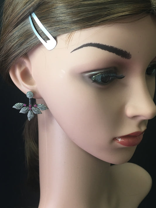 Flower Diamond Silver Earring .925 Oxidized Sterling Silver Diamond Earring, Genuine handmade pave diamond Earring Size 1.56"(32 x 39 MM )
