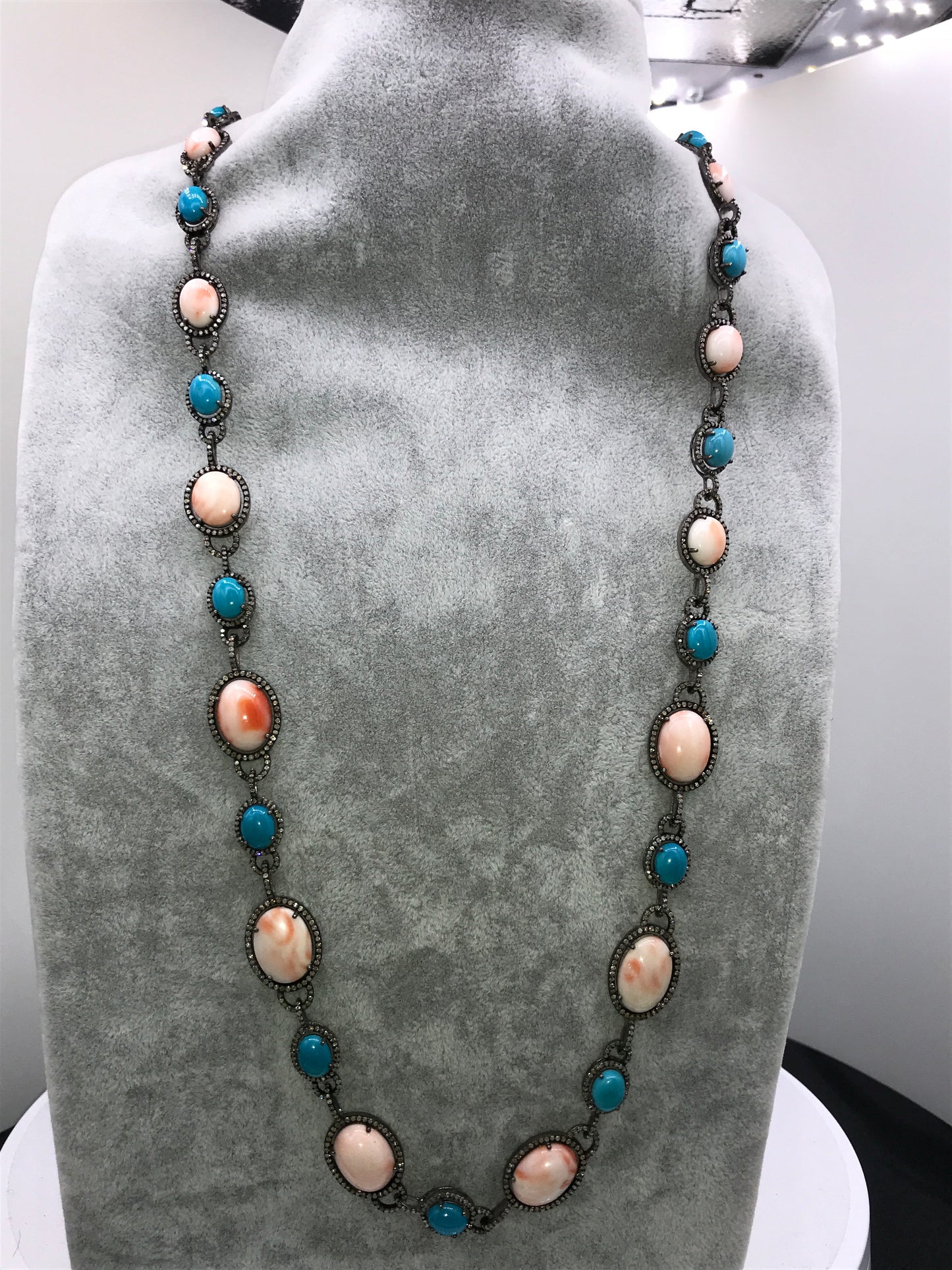 Pink Coral and Turquoise Natural Designer Necklace with Diamonds