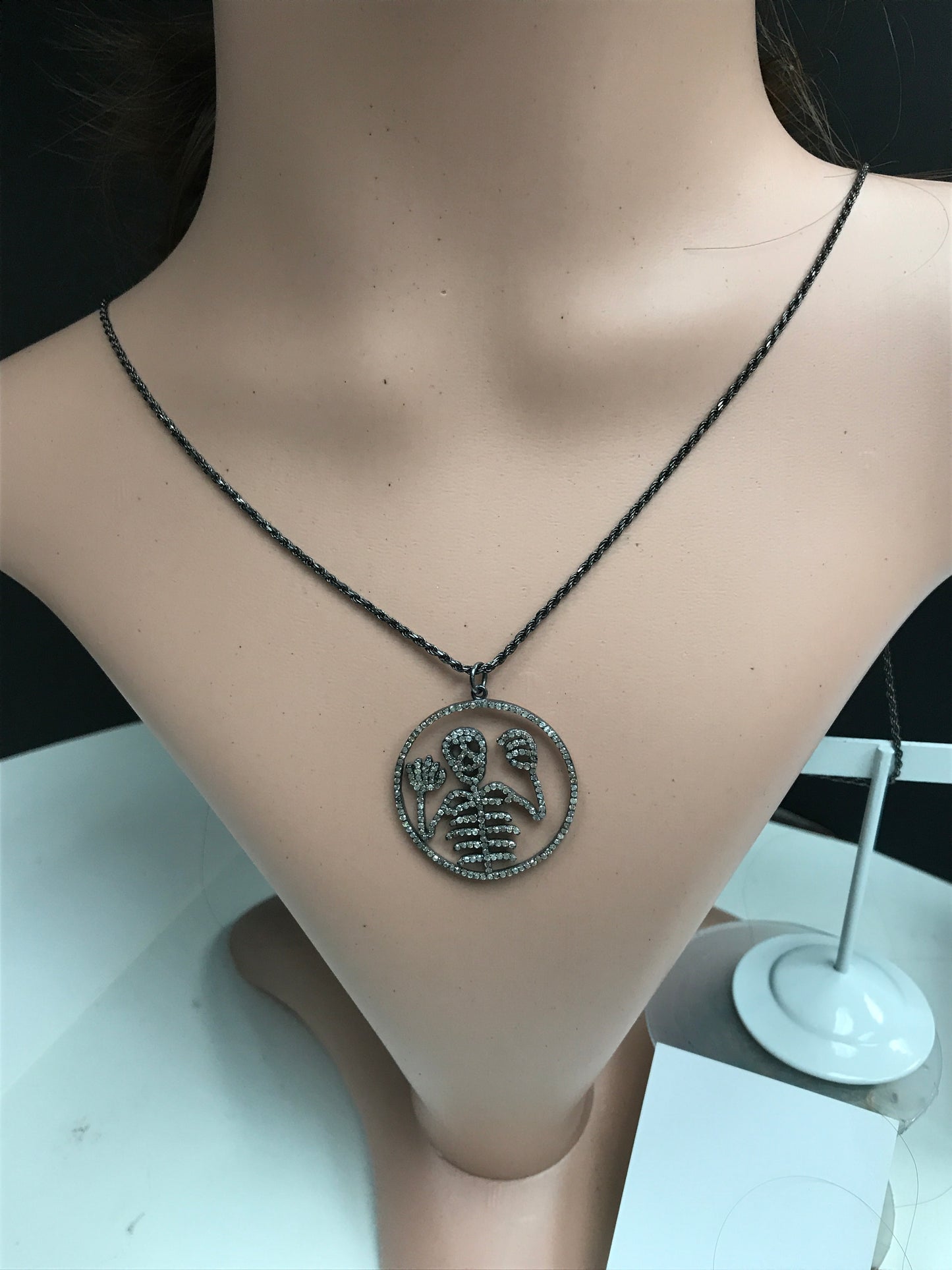 Diamond Round Skeleton Pendant, Pave Diamond Pendant,Pave Round Skeleton Necklace, Appx 33 x 35mm. Sterling Silver