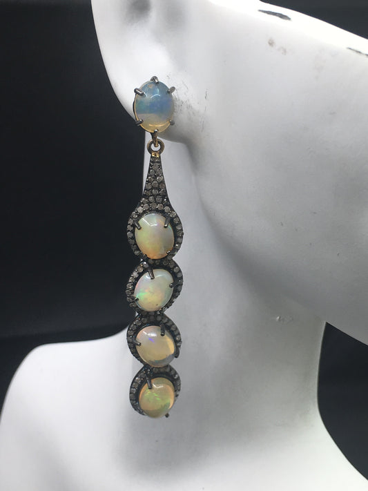 Diamond Art Deco Opal with Diamond Earring, Pave Diamond Earring, Pave Art Deco Earring, Appx 69x 11mm. Sterling Silver