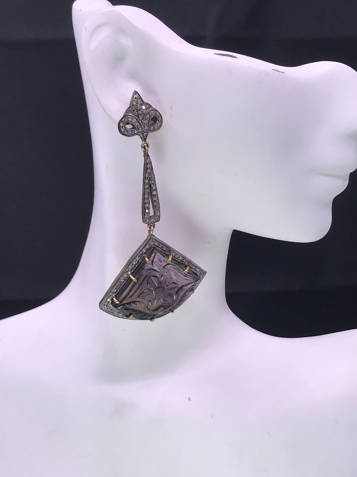 Diamond and Tourmaline Carved Earrings,