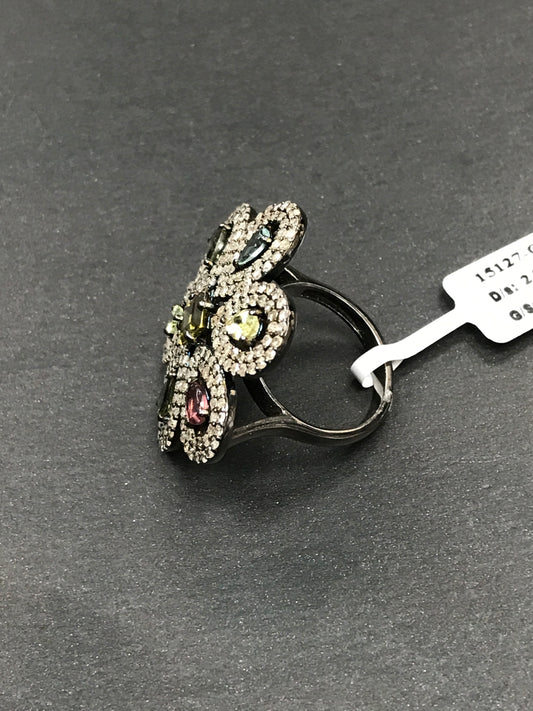 FLOWER DIAMOND AND MULTI TOURMALINE RINGS