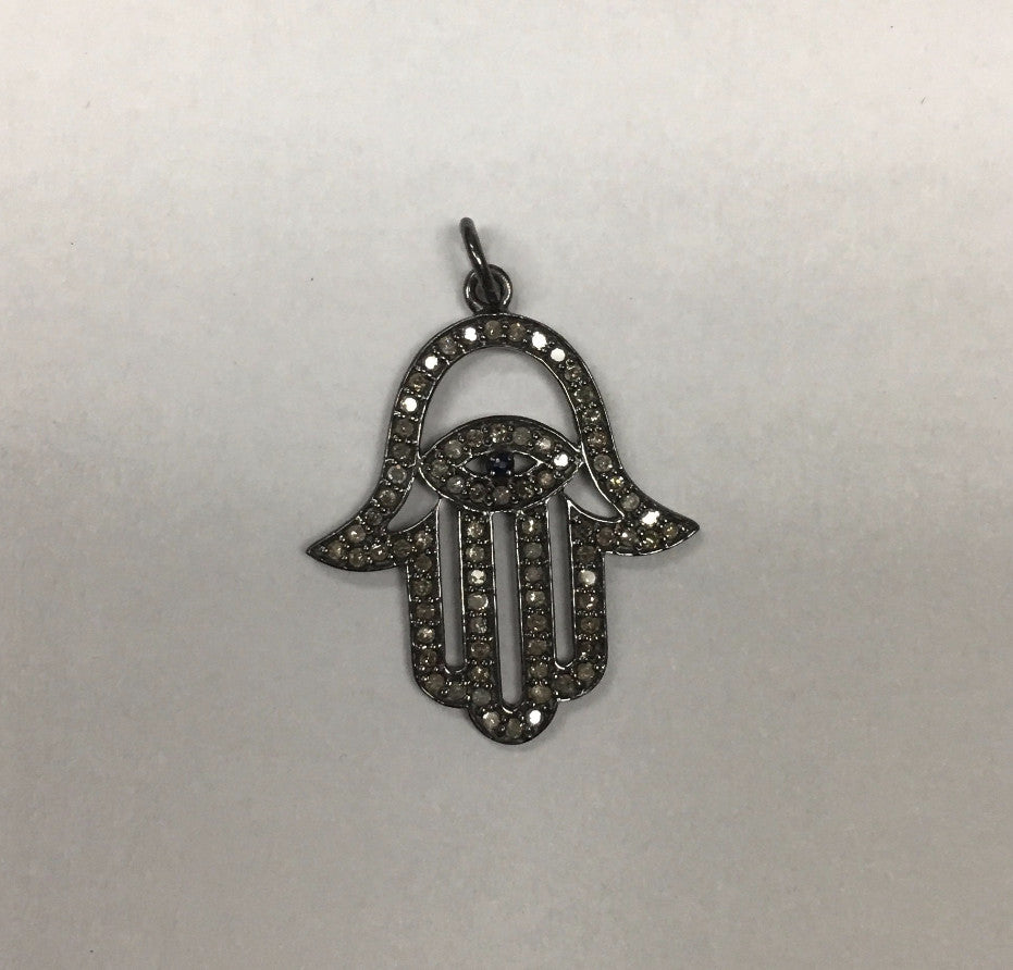Diamond Hamsa Hand with Blue Sapphire Pendant, Pave Diamond Pendant, Hamsa Hand Necklace, Approx 27 x 22mm. Sterling Silver
