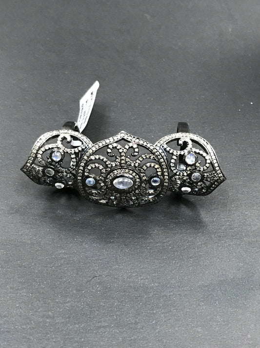 Diamond and Moon Stone Black Rhodium Finish Silver Rings