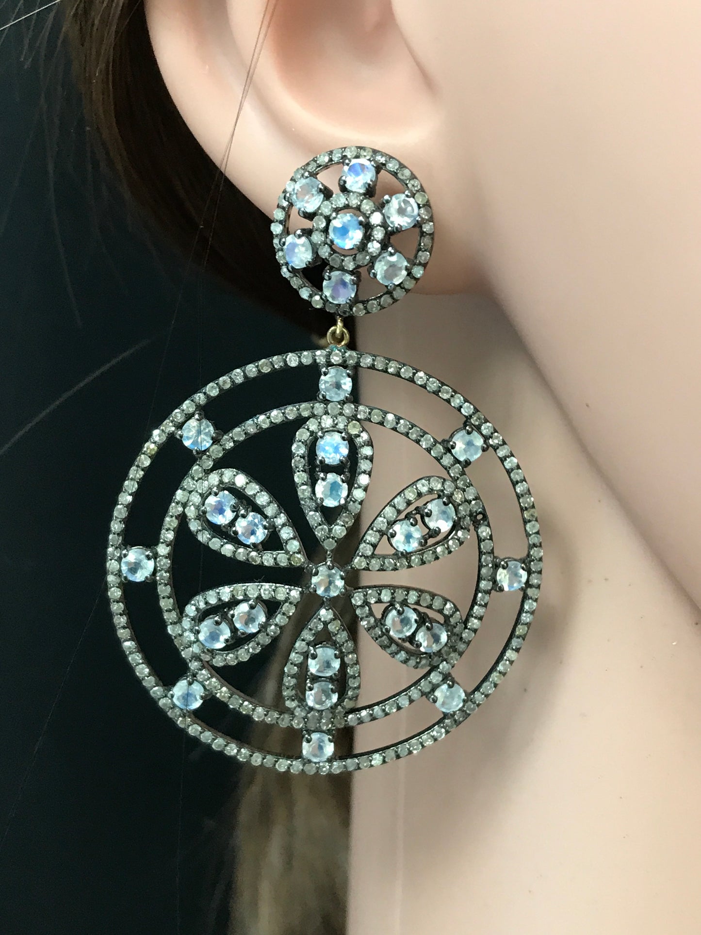 Diamond and Silver White Rainbow Moon Stone Black Rhodium Finish Earring