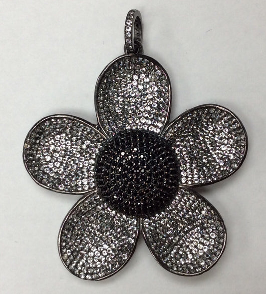 Flowers White Topaz/Black Spinel Charm, Pave Black Spinel ,Approx 1.76'' ( 44 x 44 mm) Oxidized Silver, Silver ,Black Spinel/White Topaz