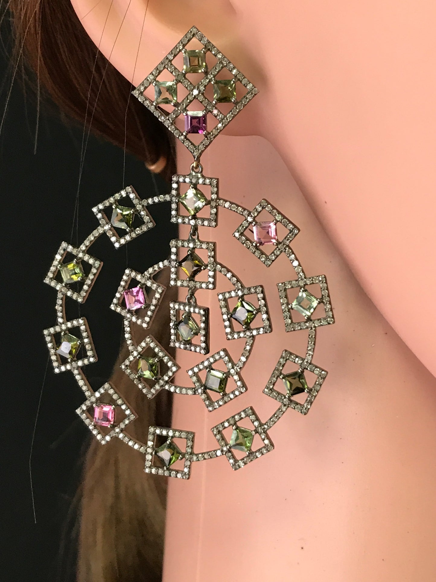 Diamond and Silver Multi Tourmaline Black Rhodium Finish Earrings