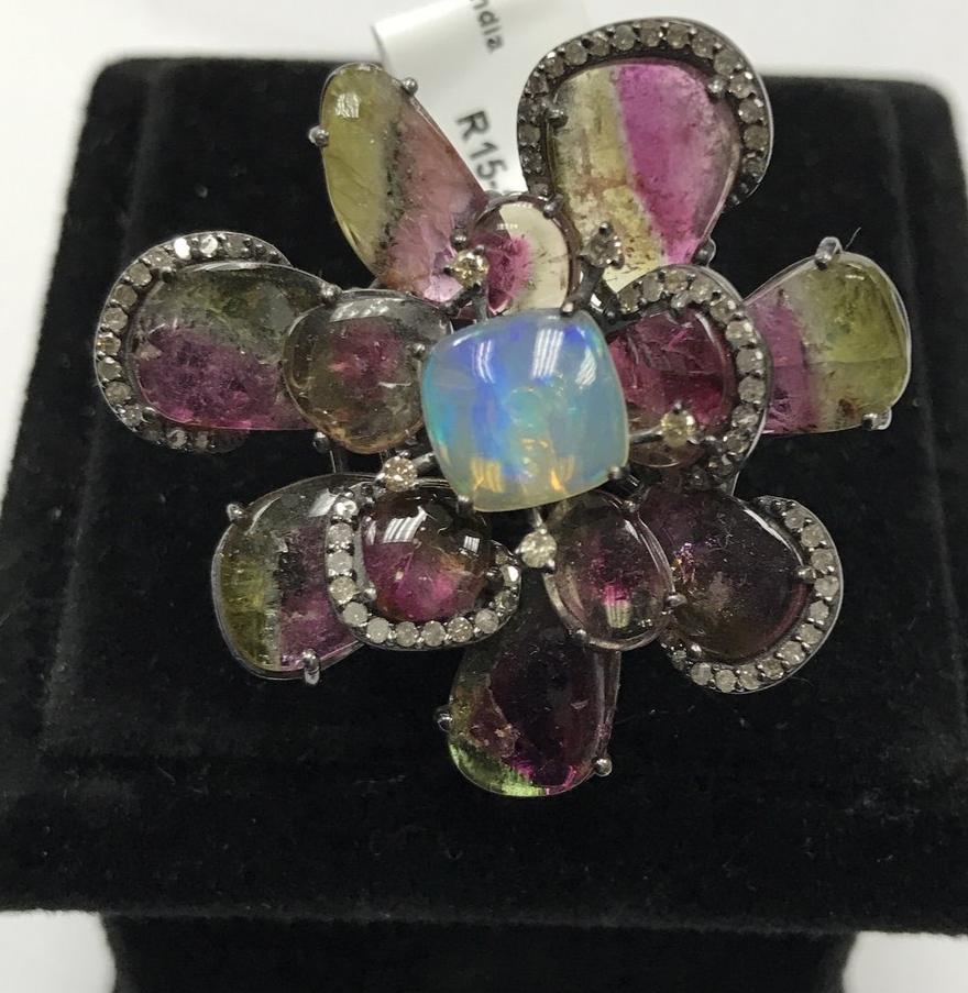 Tourmaline Watermelon and Diamond Ring