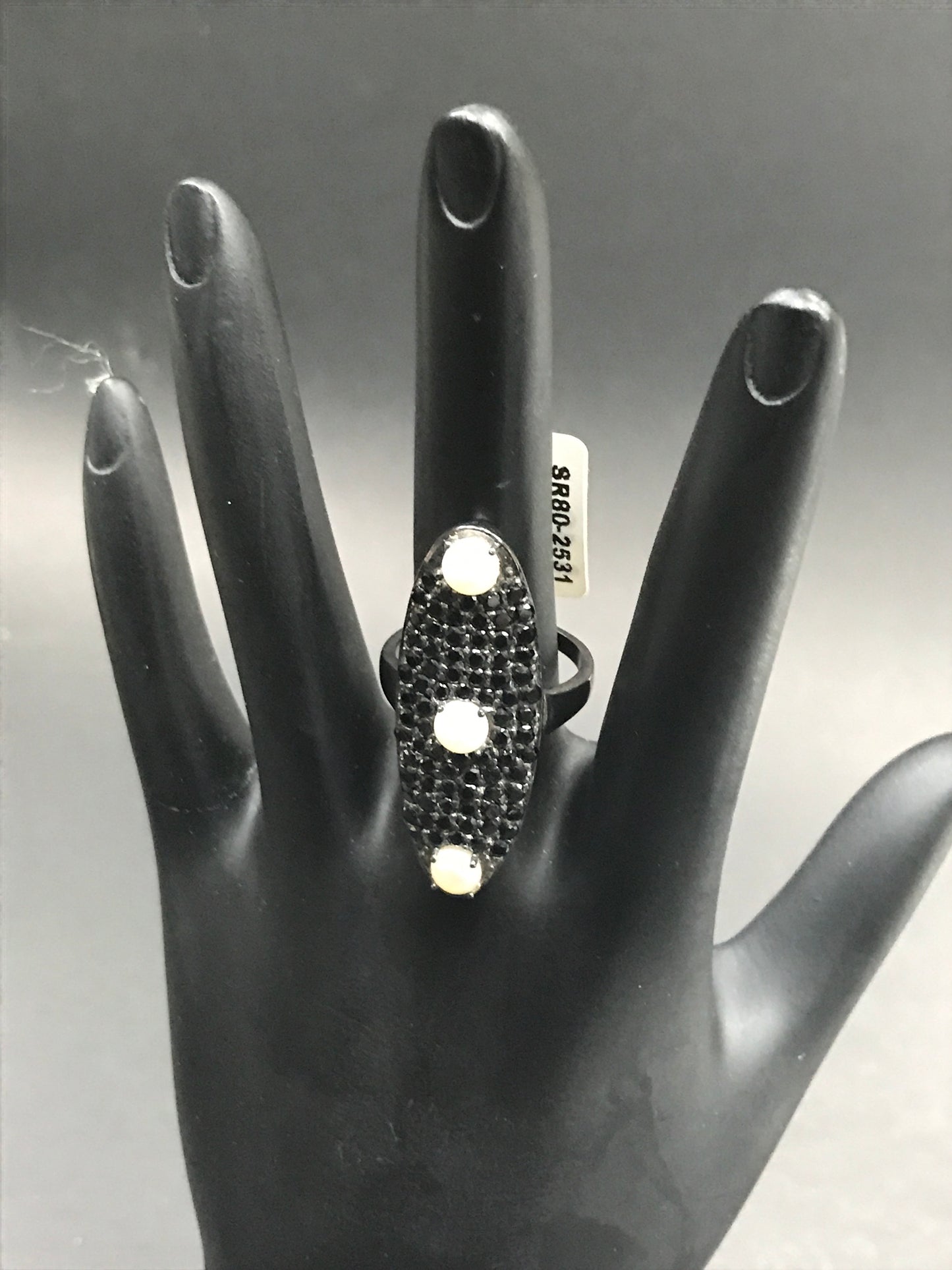 Black Spinel Ring With Pearl .925 Oxidized Sterling Silver Black Spinal Ring, Genuine handmade pave Black Spinal Ring Size Approx(13x39 mm)