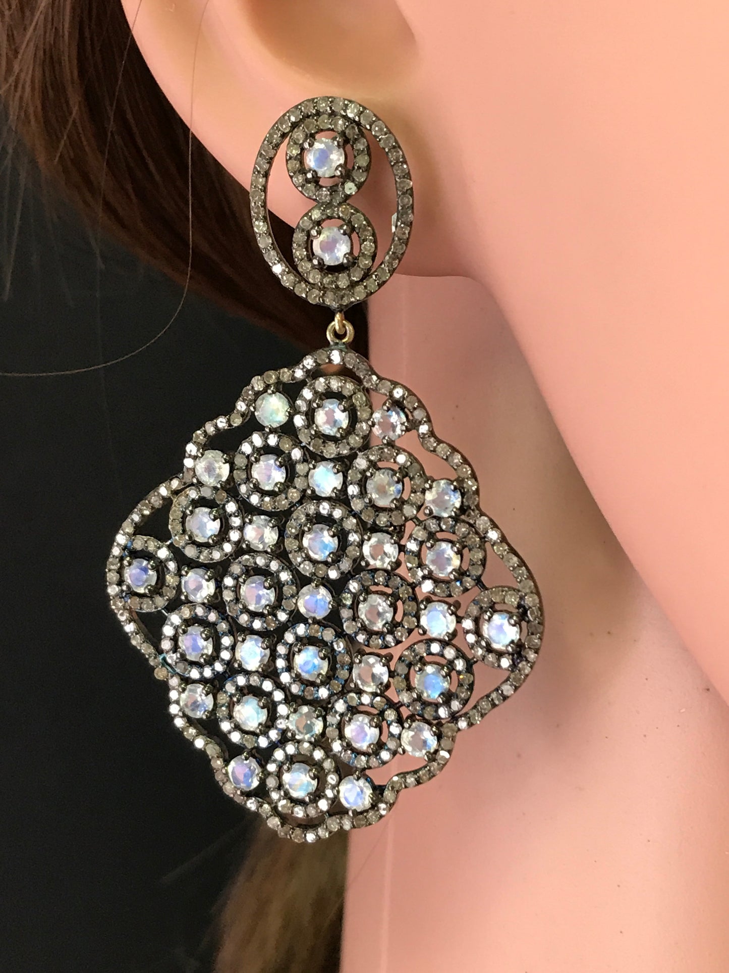 Rainbow MoonStone and Diamond Earring