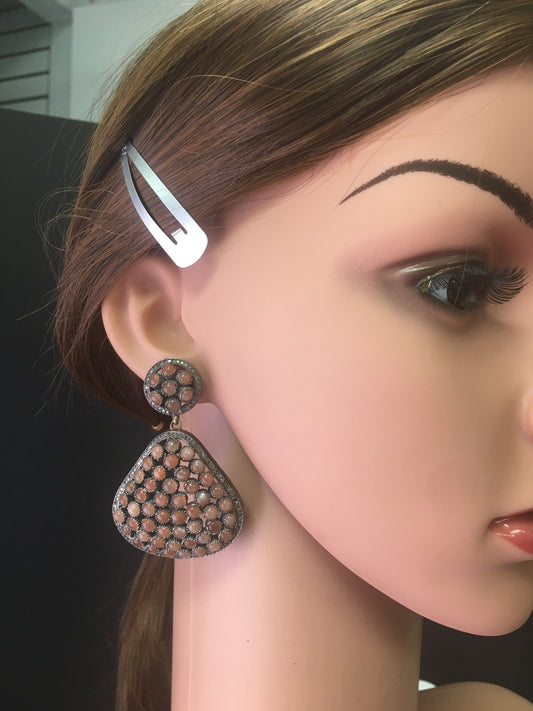Diamond And Peach Moonstone Earrings