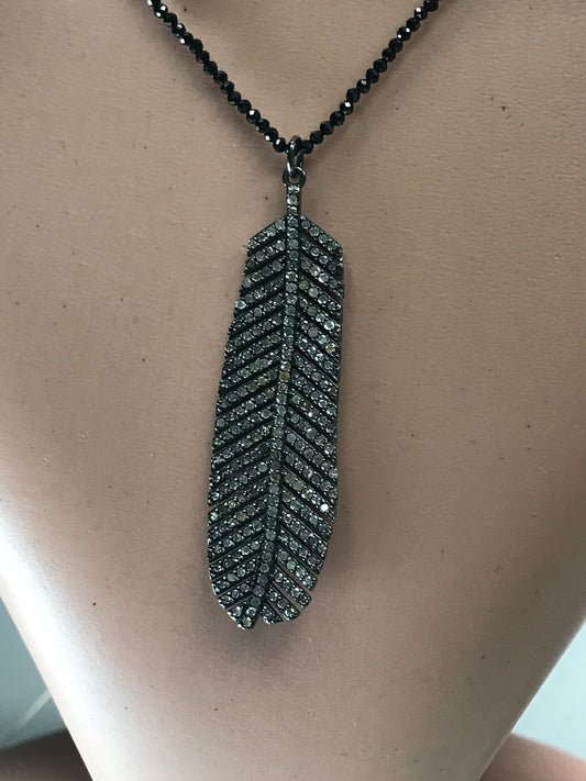 Leaf Diamond Charm .925 Oxidized Sterling Silver Diamond Charms, Genuine handmade pave diamond Charm Size Approx 2.48"( 16 x 62 MM)