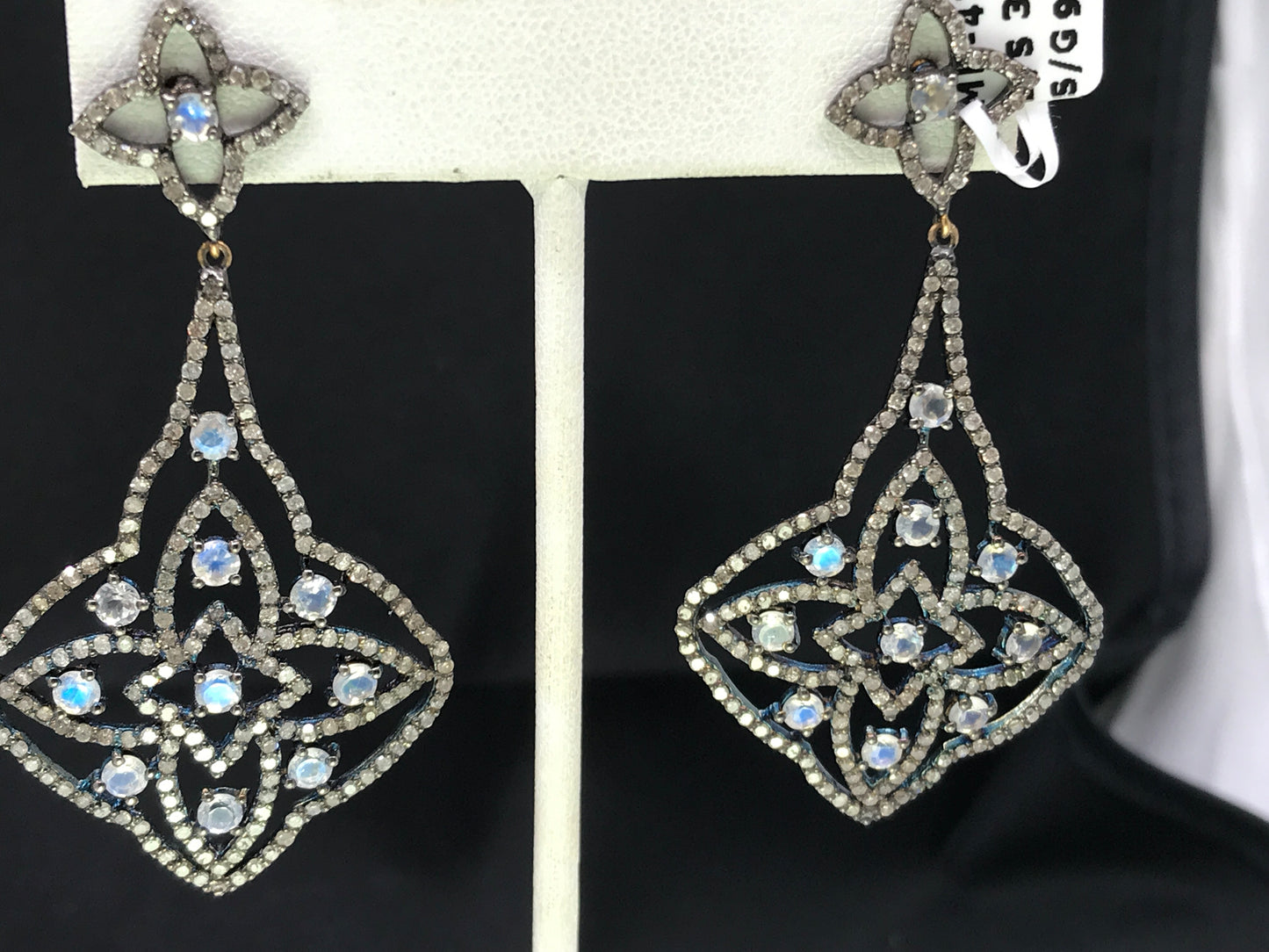 Diamond and White Rainbow Moonstone Silver Earrings