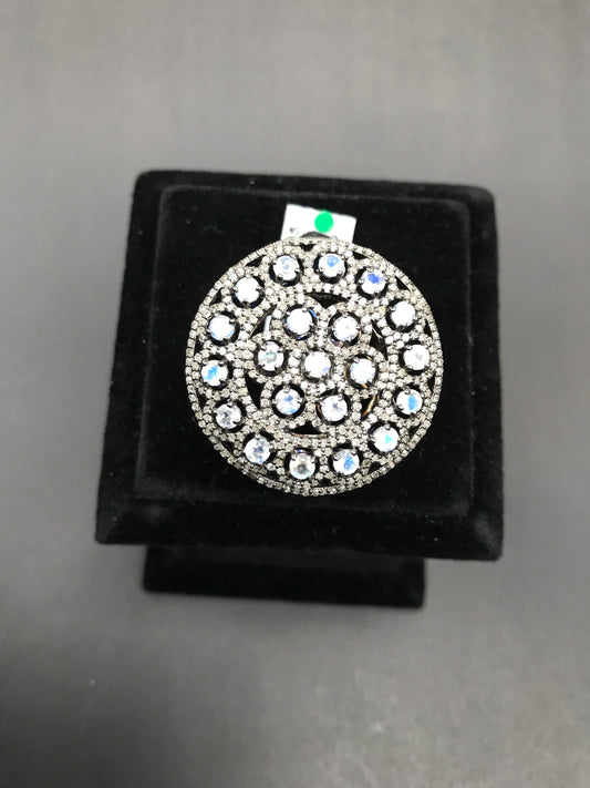 Diamond and Silver Rainbow Moonstone Black Rhodium Finish Ring