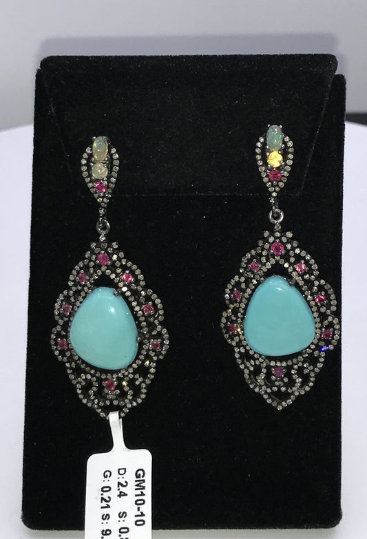 Turquoise Natural and Ruby Earrings with Diamond
