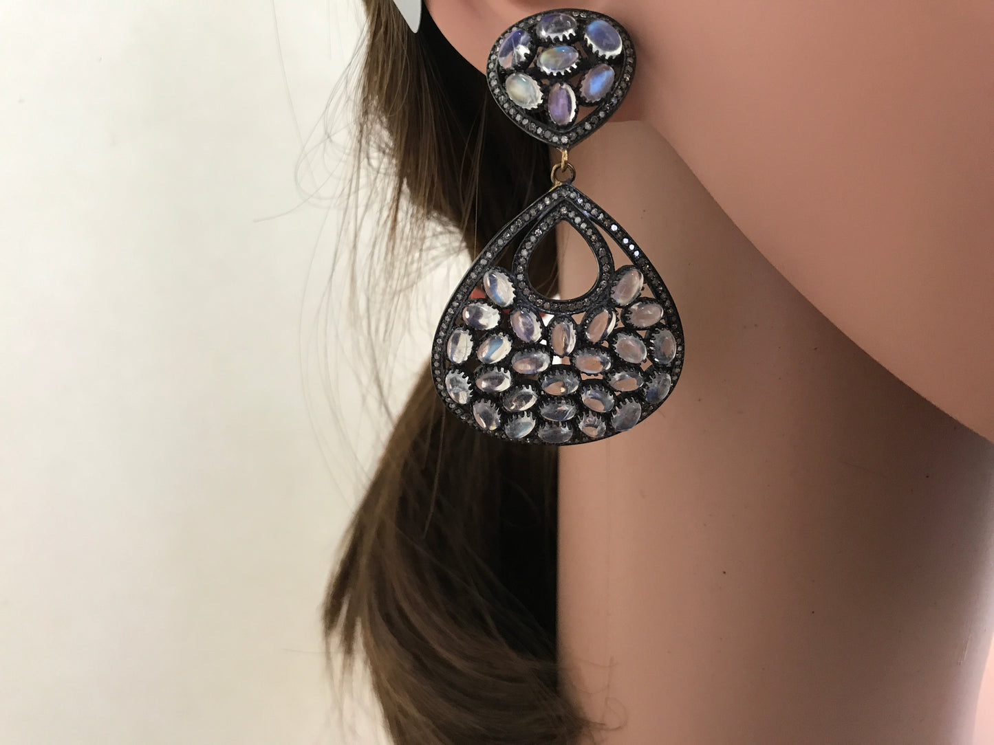 Diamond And rainbow Moonstone earrings