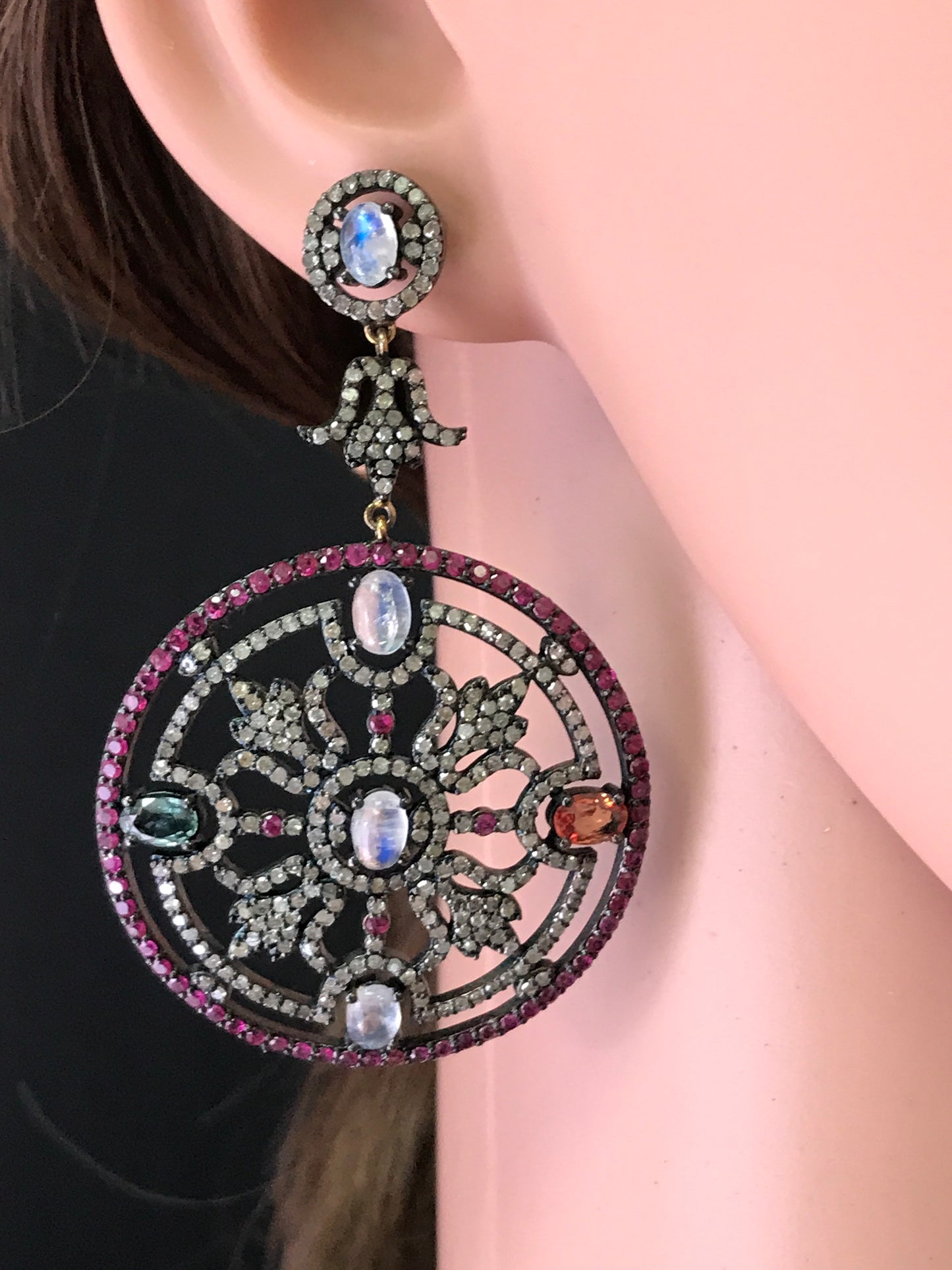 Diamond and Sapphire Faceted Stone Silver Earrings