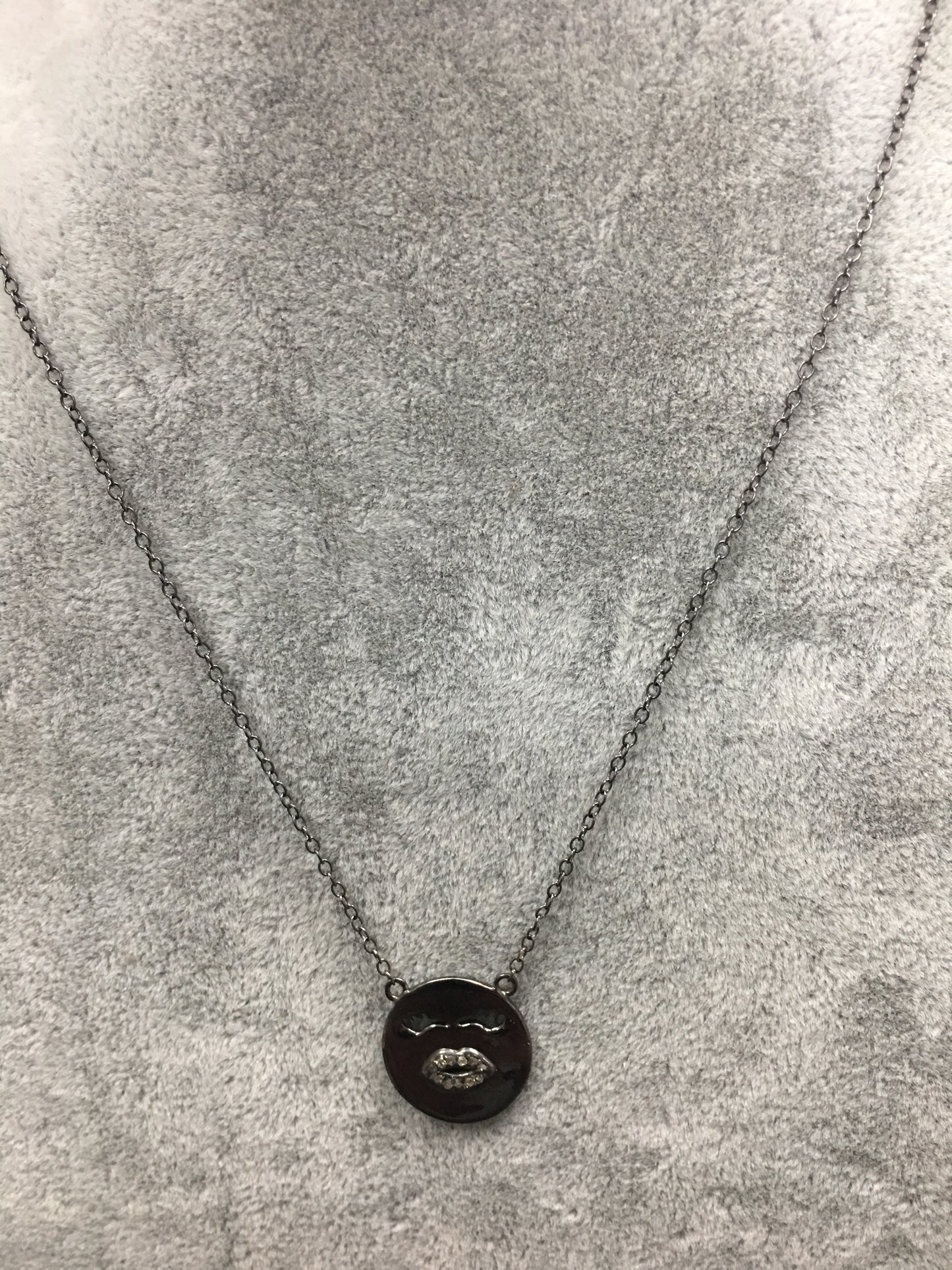 Funny face emoji silver and diamond necklace with Silver Chain