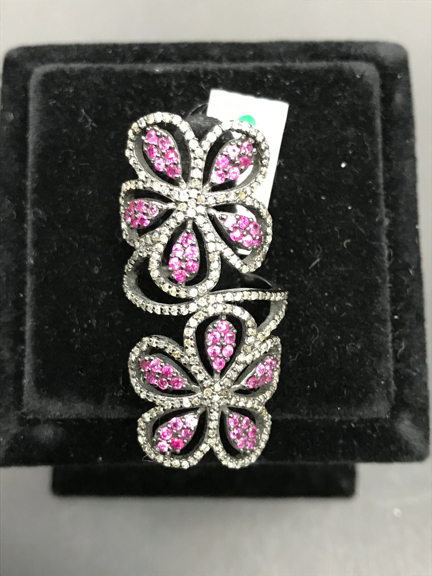 Double Flower Pave Diamond Ring .925 Oxidized Sterling Silver Diamond Ring, Genuine handmade pave diamond Ring Size Approx 1.76"(21 x 44 MM)