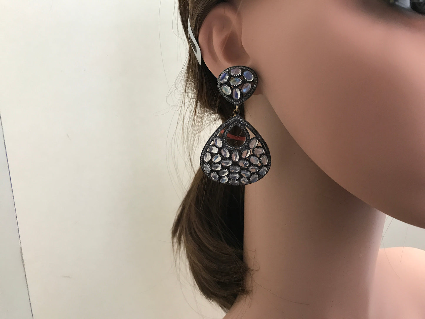 Diamond And rainbow Moonstone earrings