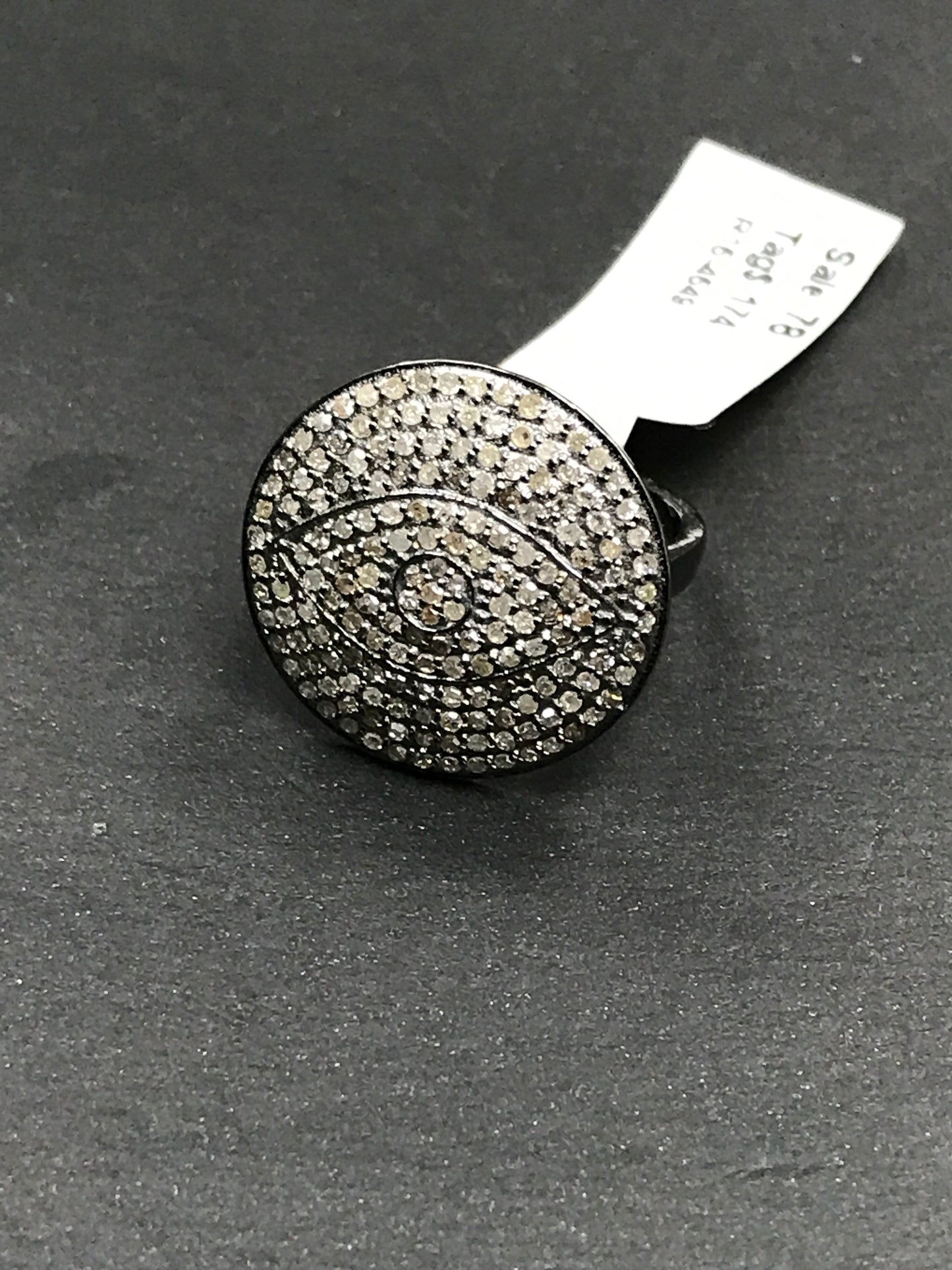 Diamond Oval Shape Eye Diamond Ring, Pave Diamond Ring,Pave Round Shapre Eye Ring, Appx 19 x 19mm. Sterling Silver