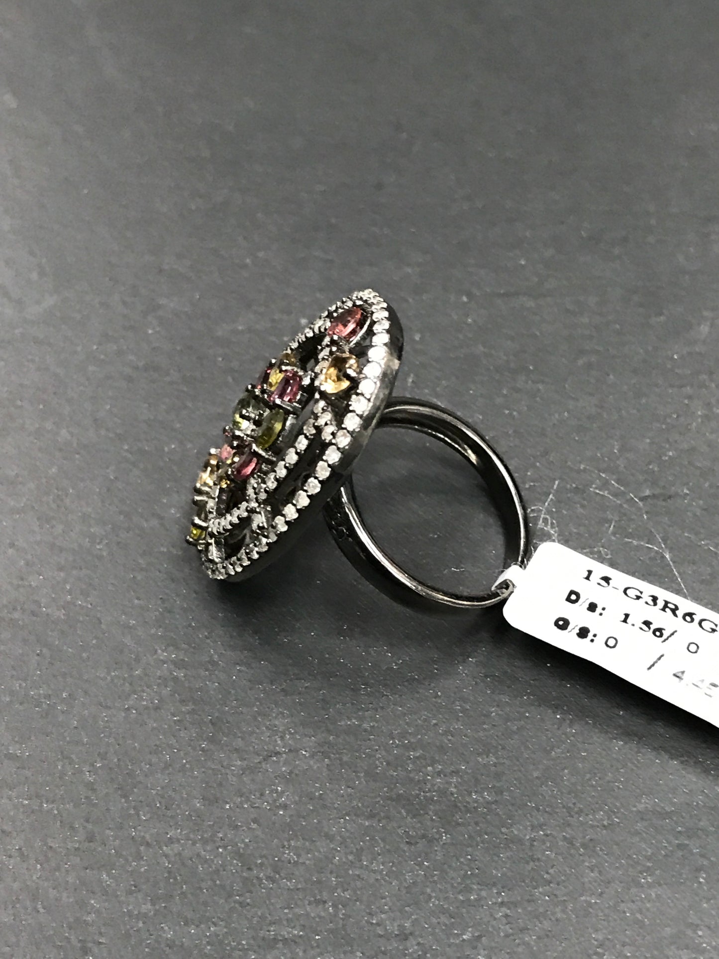 Diamond and Multi Tourmaline Silver Black Rhodium Finish Rings