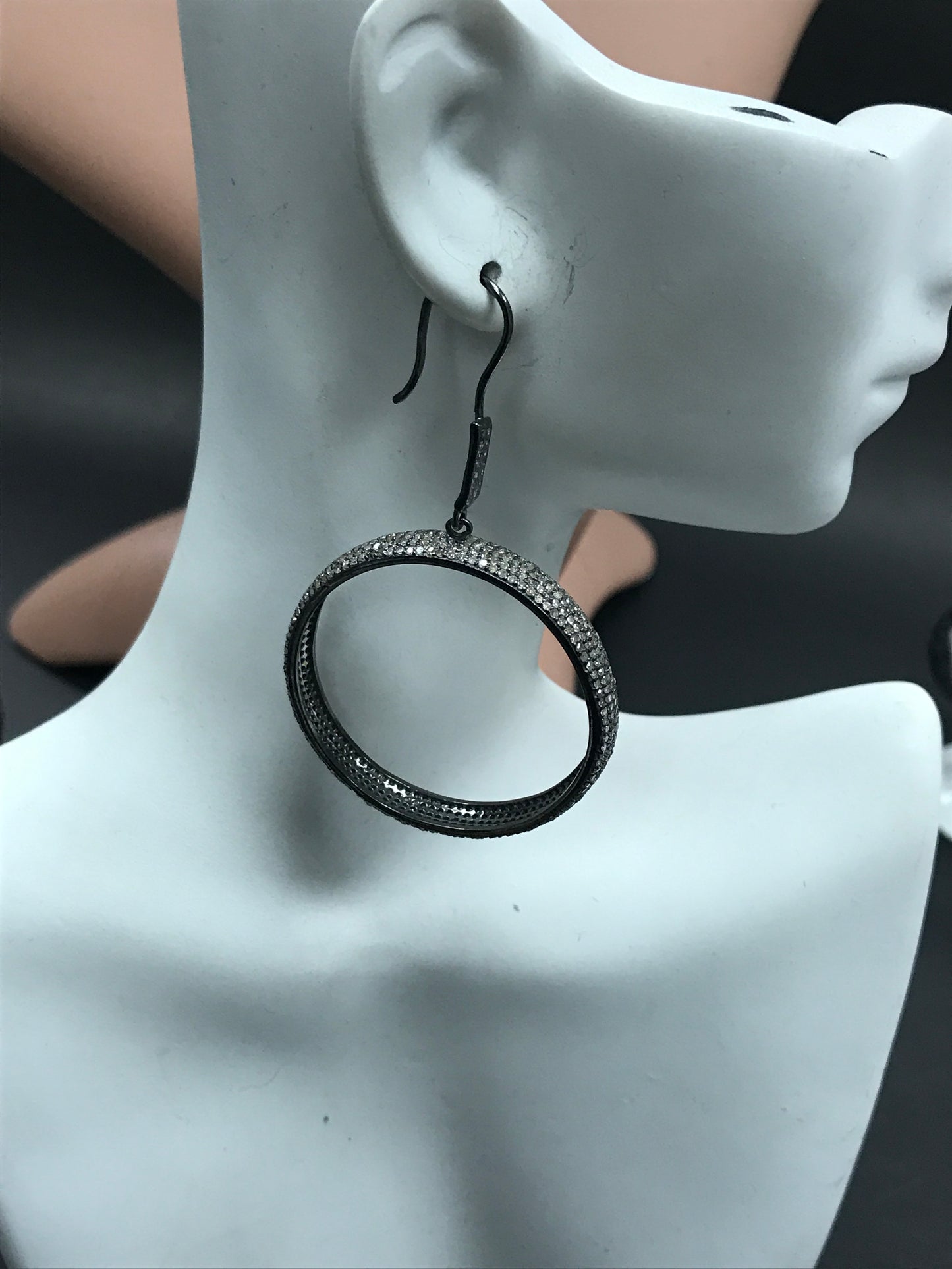 Round Diamond Silver Earring .925 Oxidized Sterling Silver Diamond Earring, Genuine handmade pave diamond Earring Size 2.80"(6 x 70 MM )